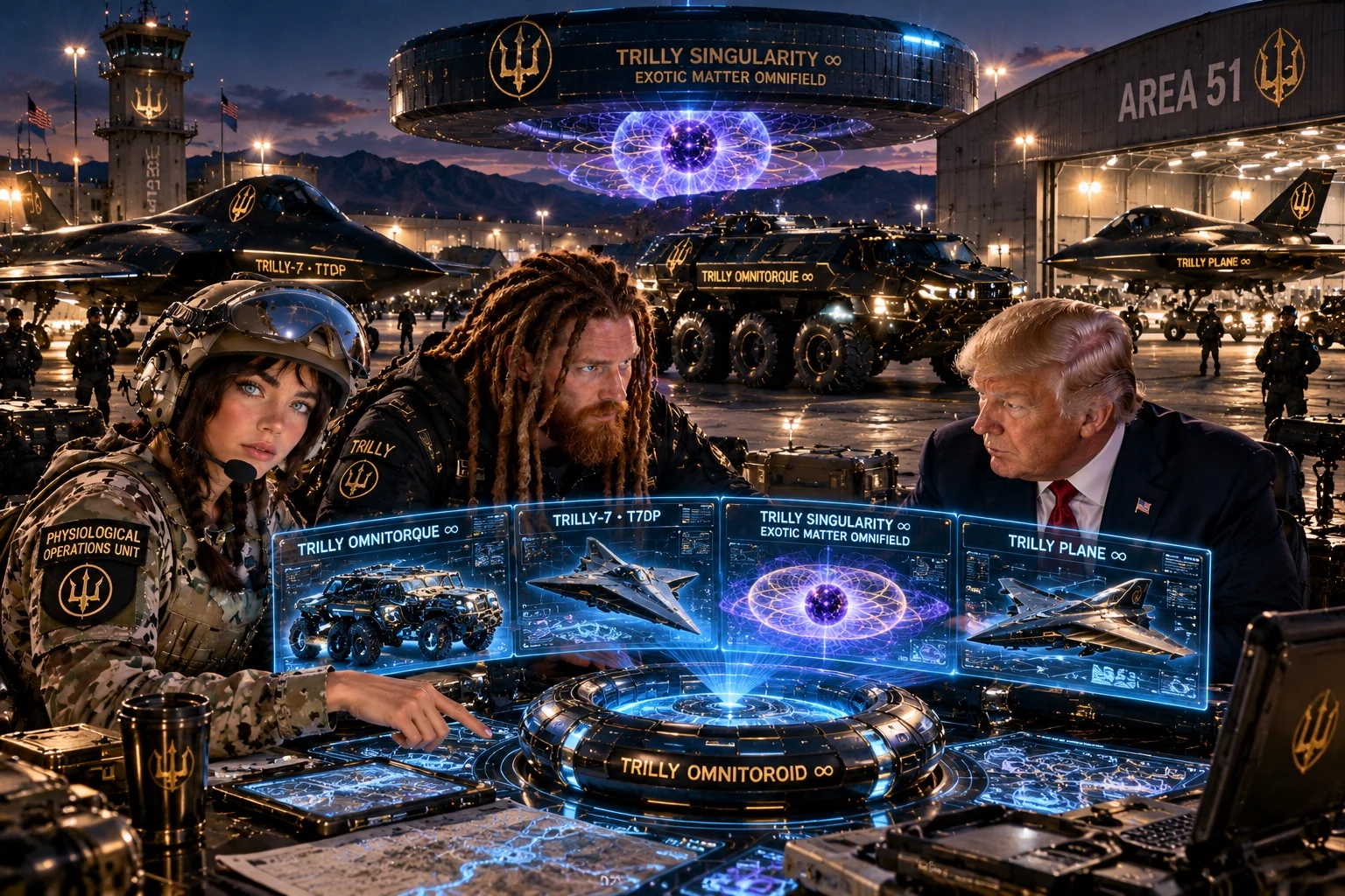 Fictional AI artwork of TRILLY, Lujan, and Donald Trump around the TRILLY OMNITOROID with imagined vehicles, aircraft, and a violet toroidal field in the background.