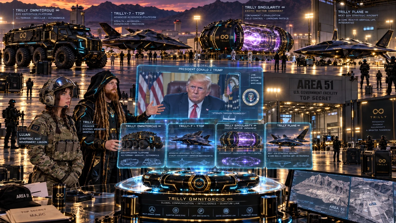 Fictional AI artwork of TRILLY and Lujan beside a holographic screen showing Donald Trump, surrounded by imagined TRILLY vehicles at Area 51.